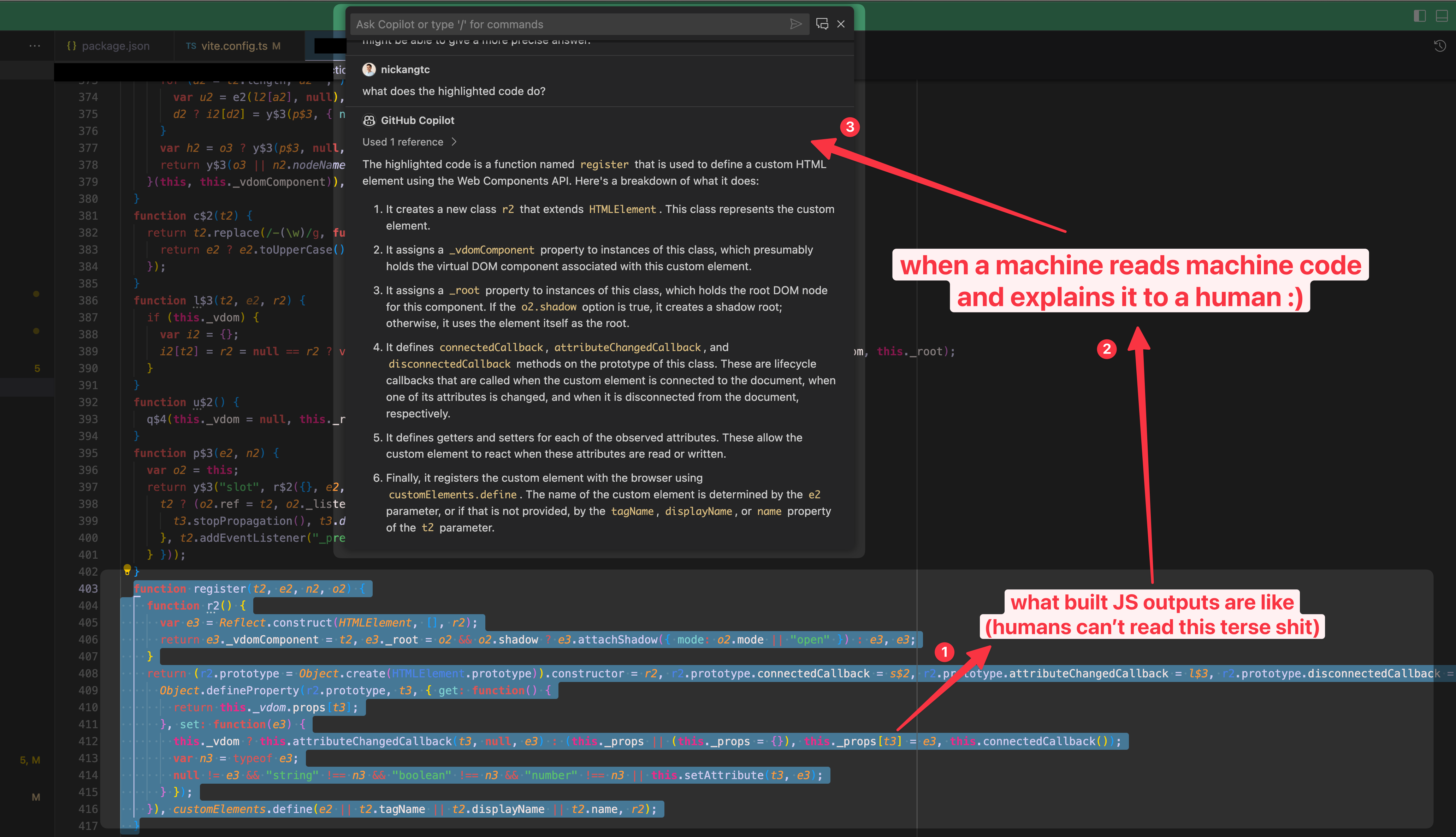 screenshot of github copilot explaining code based on highlighted chunks of obfuscated code in the editor
