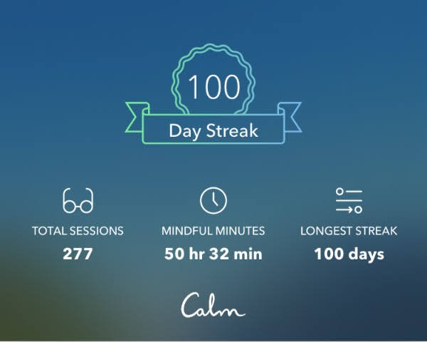 screenshot of the Calm app showing my 100 day streak
