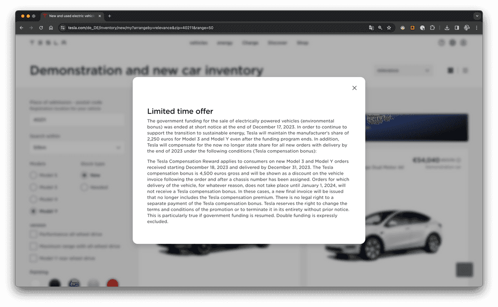 screenshot of the discount message on the Tesla Germany demo vehicles inventory page