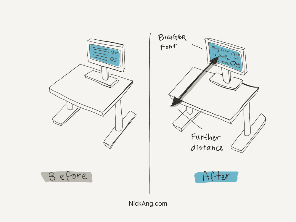 Illustration of two external monitor setups, one with larger font and farther distance - that is recommended for reducing eyestrain!