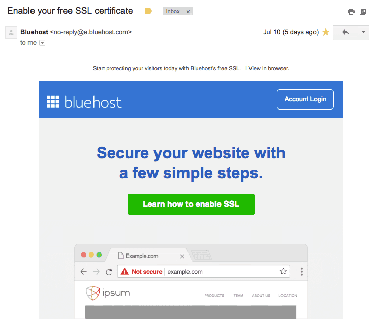 screenshot of bluehost email free ssl nick ang blog