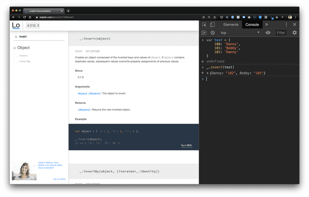 open the console when you are on any lodash docs page and you can access the global _ lodash variable for testing immediately