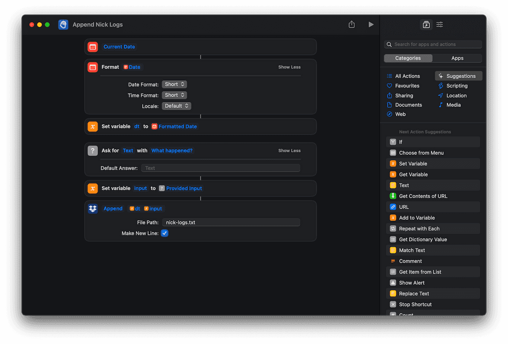 screenshot of the Shortcut app on macOS, showing the programming of the shortcut I use to log to dropbox