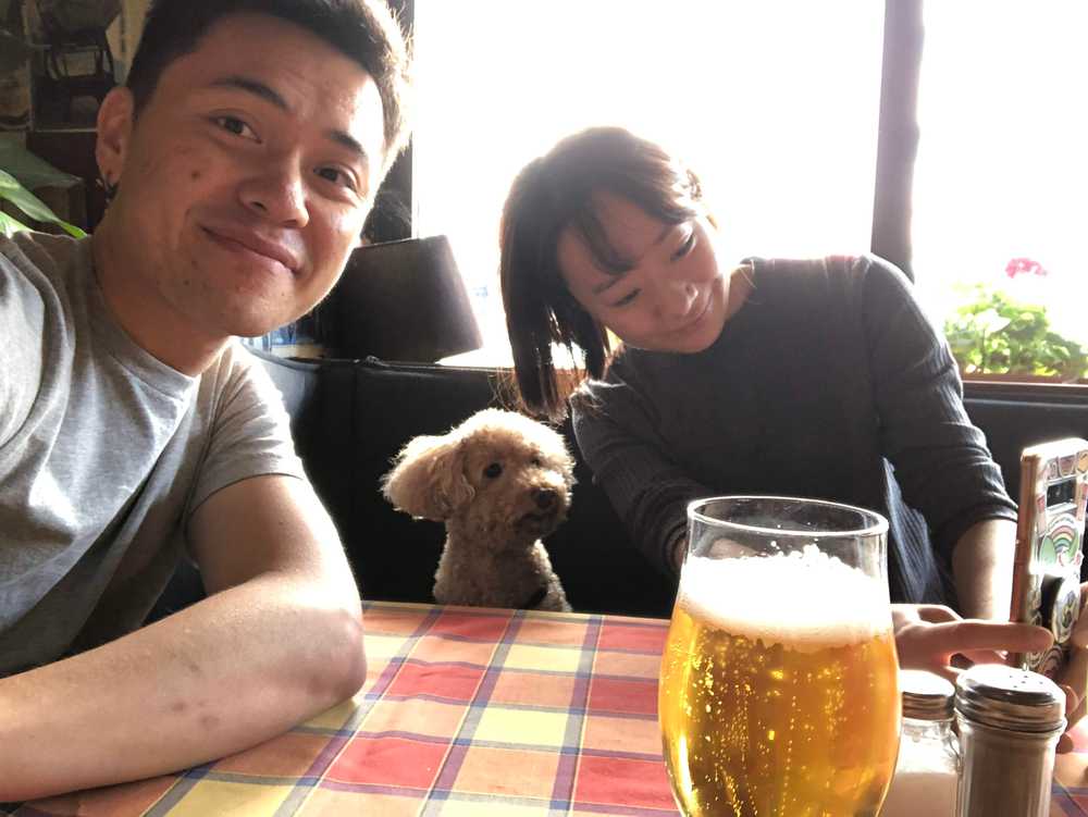 Our first day in Berlin at a restaurant with, believe it or not, our dog