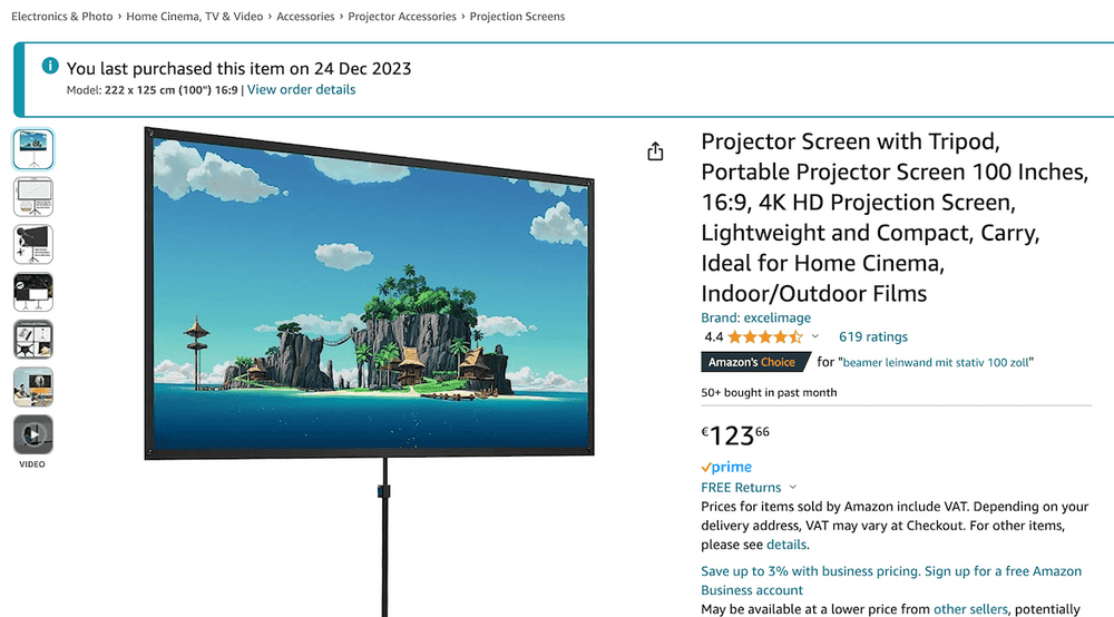 screenshot of projector screen product on amazon