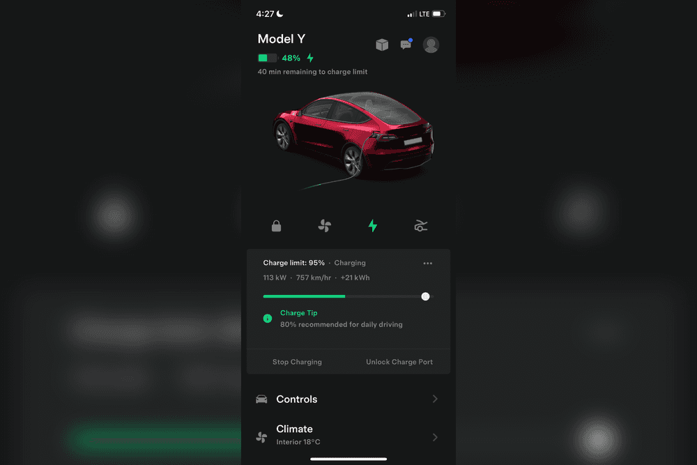 Tesla app when charging is in progress