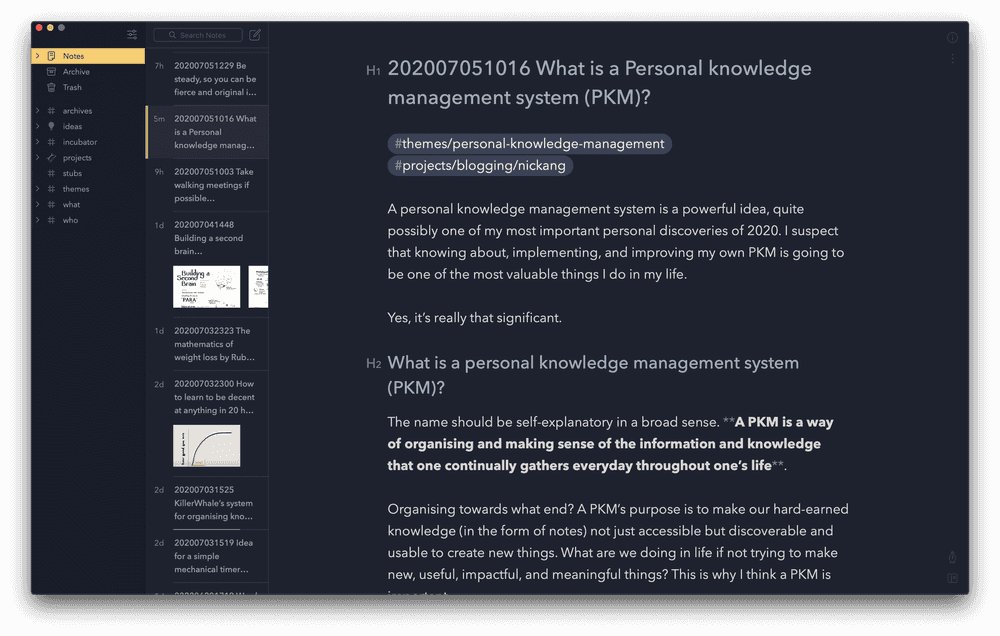 screenshot of my PKM in Bear app - Nick Ang blog