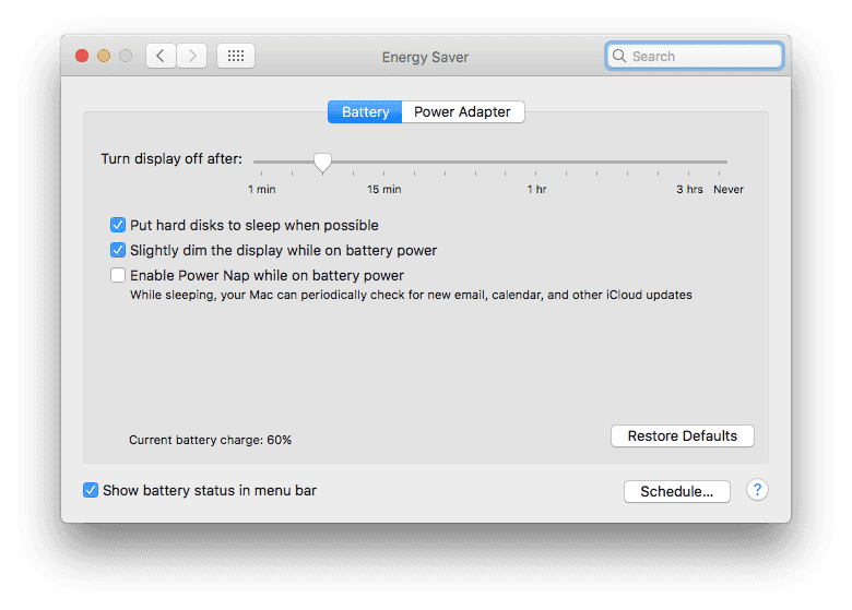 screenshot of mac system preferences to prevent mac from sleeping
